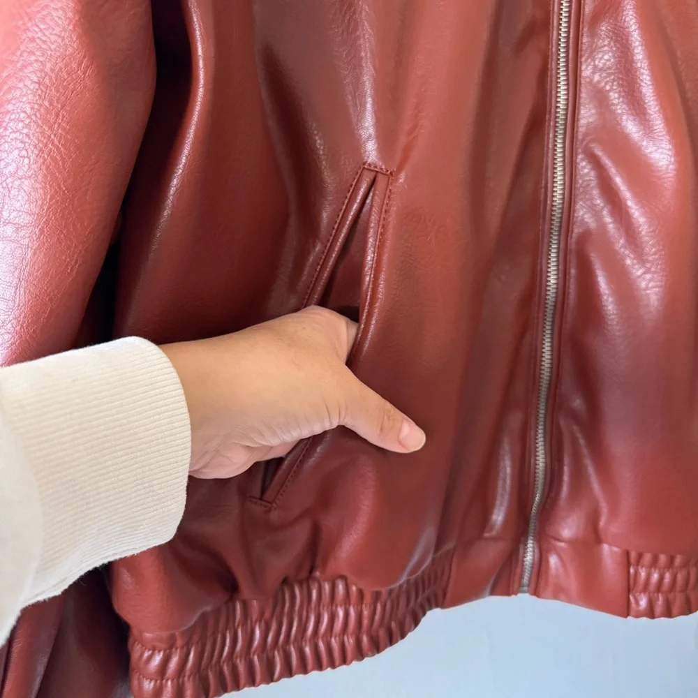 Zara Women's Brown Faux‎ Leather Bomber Jacket Size Small